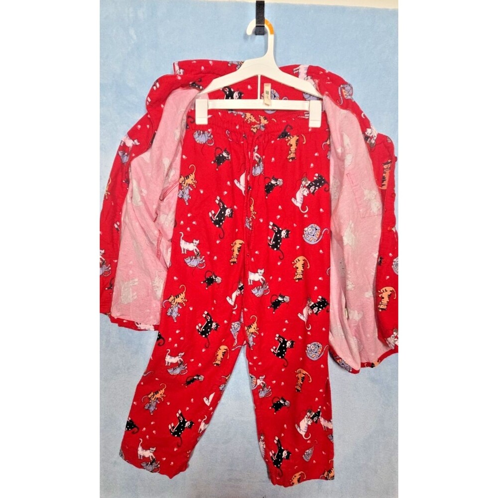NEW LA CERA 100% COTTON FLANNEL PAJAMA SET CAT PRINT RED PLUS SIZE 1X KITTY PJS - Picture 6 of 15